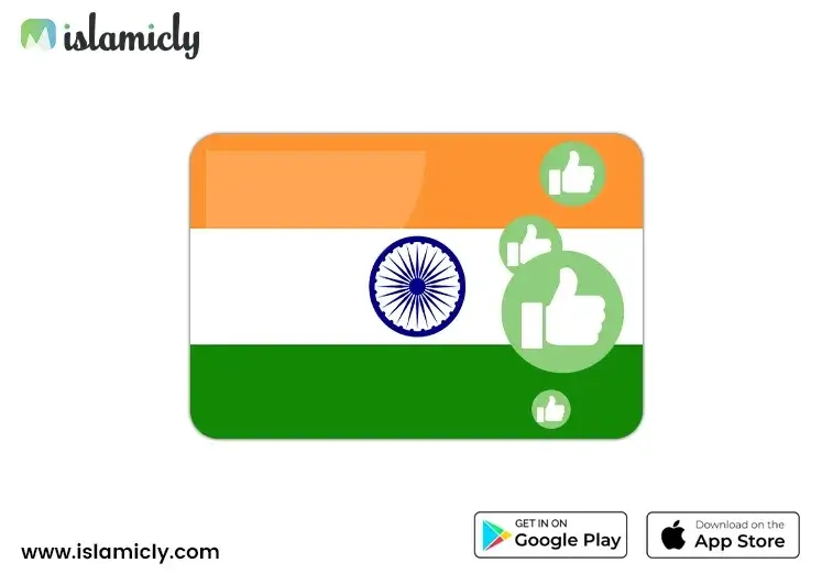 Indian flag with thumbs-up icons, promoting the Islamicly app for halal stock information in India. Includes logos for Google Play, App Store, and the website URL www.islamicly.com.