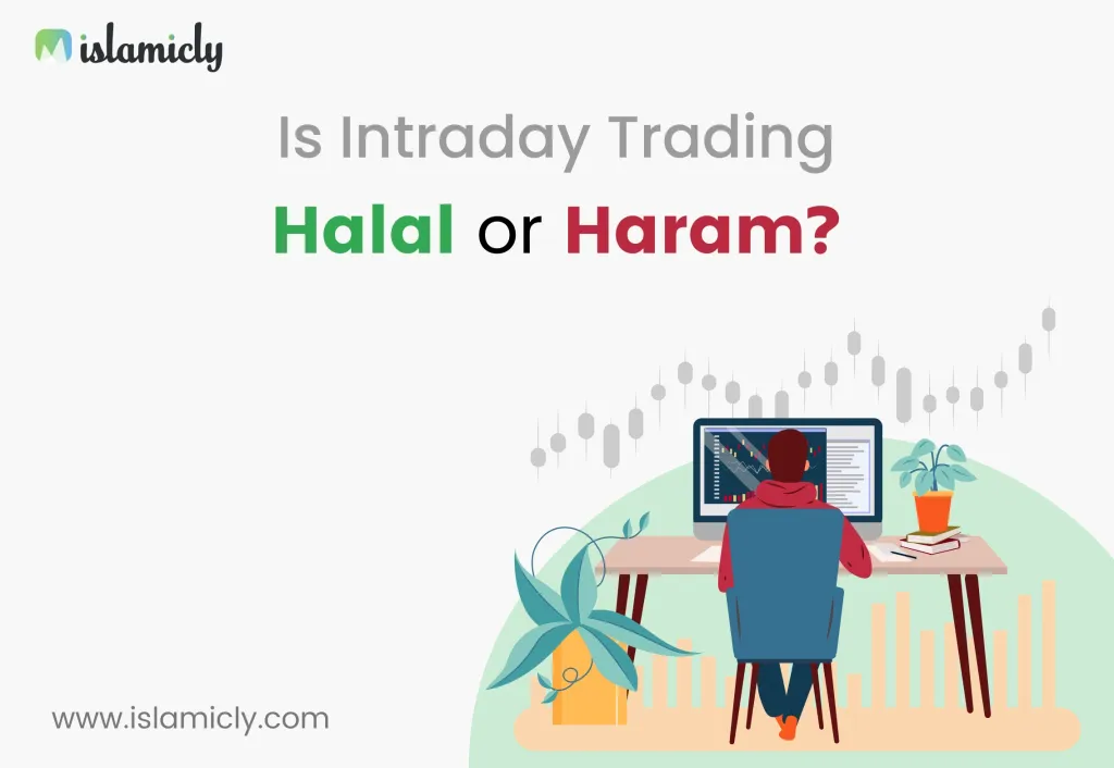 Person analyzing candlestick charts for intraday trading on a computer. Text on image: 'Is Intraday Trading Halal or Haram?' featuring the Islamicly logo.